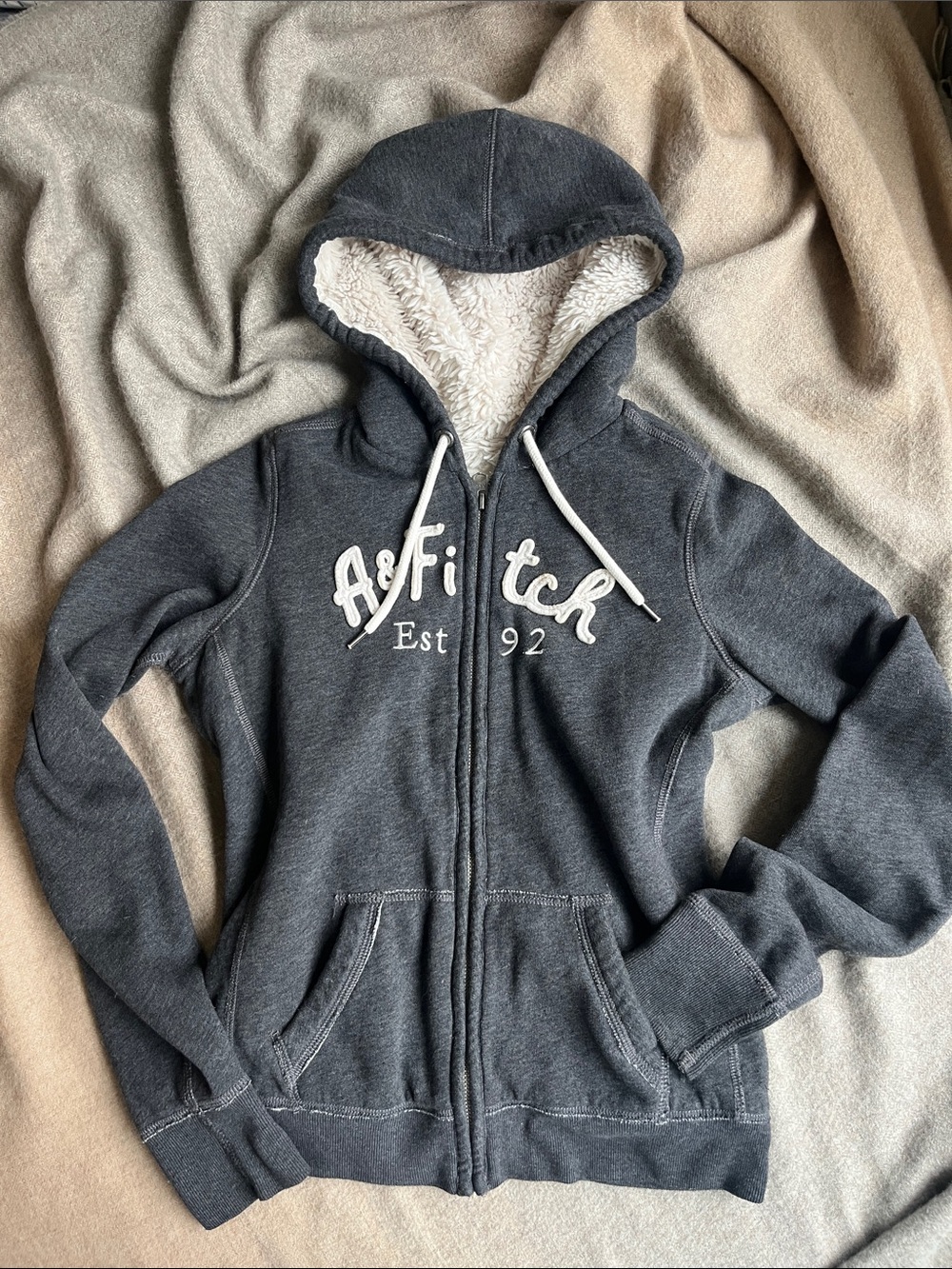 Abercrombie & Fitch Sherpa Lined Full Zip Grey Hoodie Est 92
